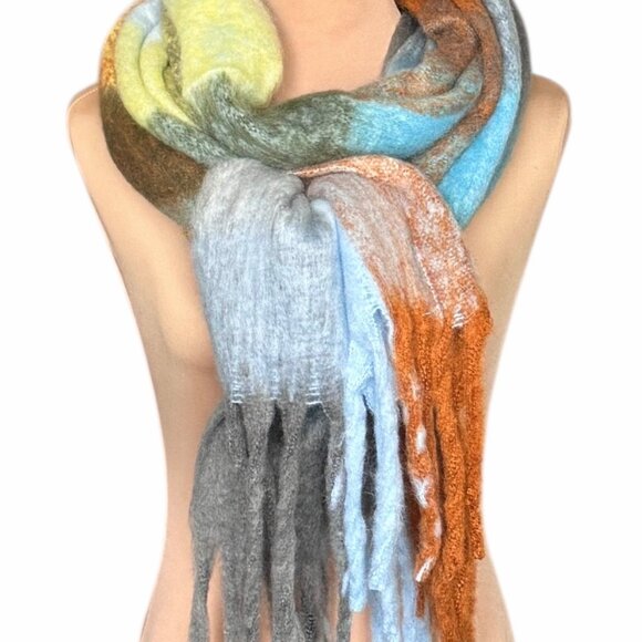 NEW Large Chunky Scarf Wool Mohair Multi Plaid Thick Fuzzy Long Fringe Winter - Picture 5 of 11